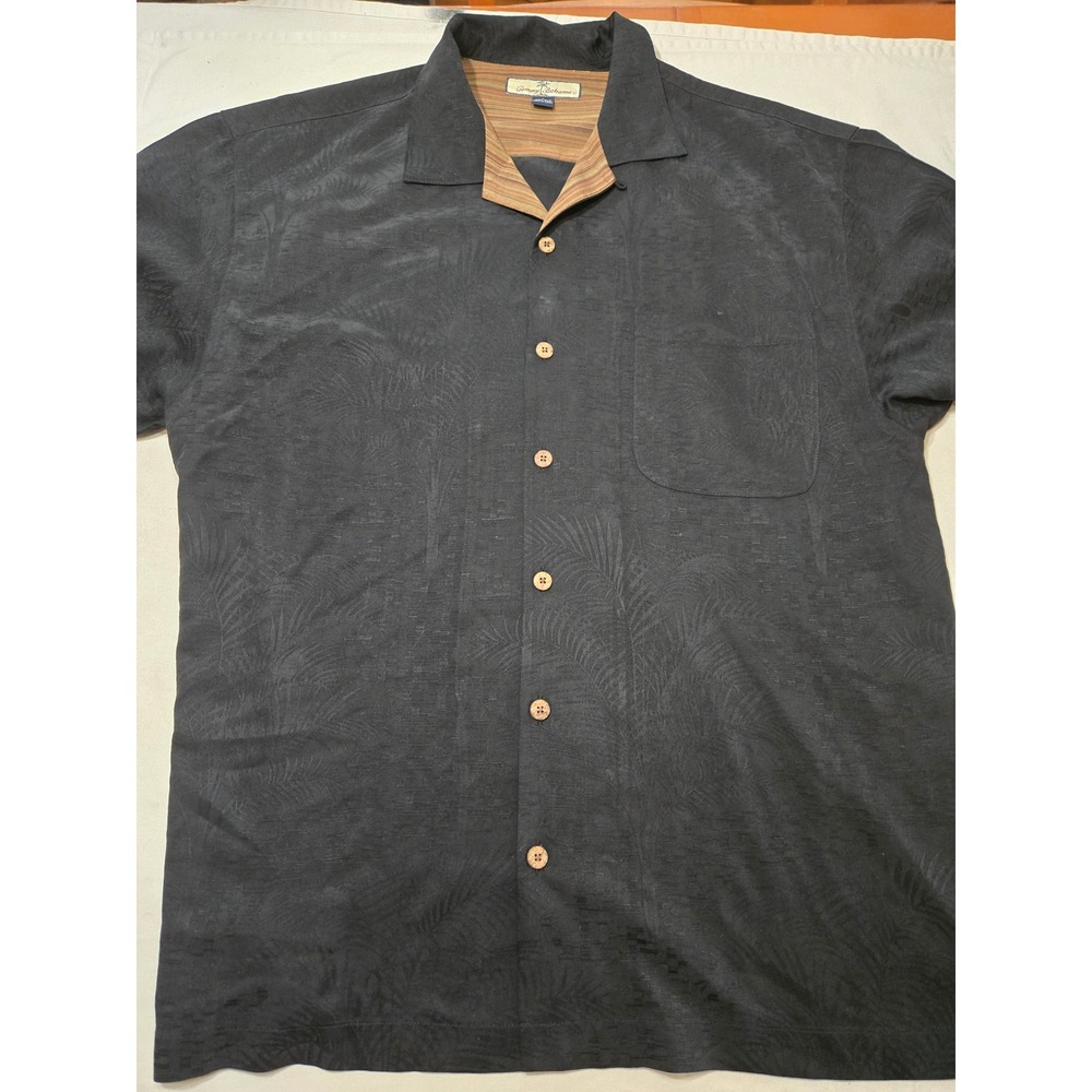 Tommy Bahama Relax Mens L Black Silk Jacquard Palm Leaf Camp Shirt Button Up
